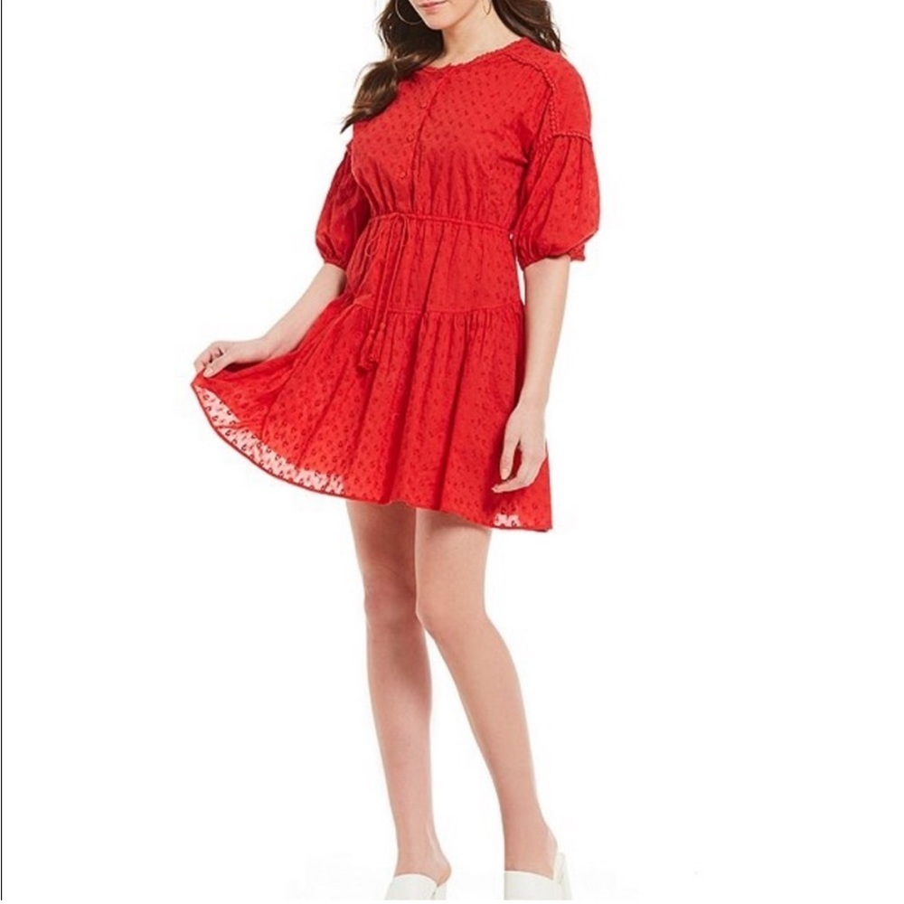 Chelsea & Violet Red Gameday Eyelet Puff Sleeve Button Front mini Dress SZ M